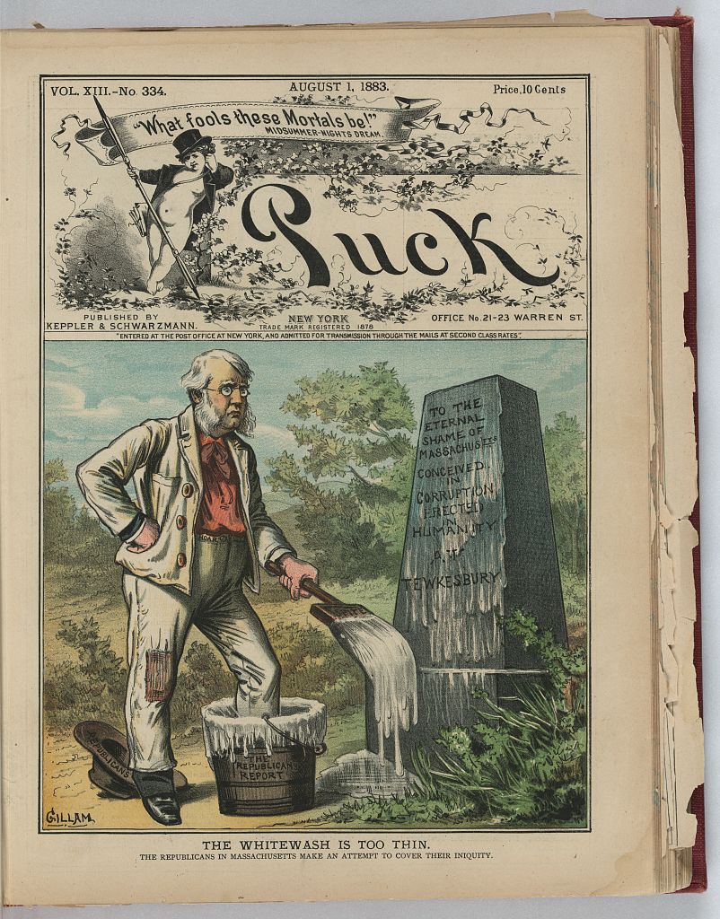 A Puck political cartoon shows a Republican politician trying to paint over a tombstone labeled Shame... Tewkesbury. 