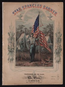 Drawing of a man holding the American flag. The image of the man with the flag is framed. 