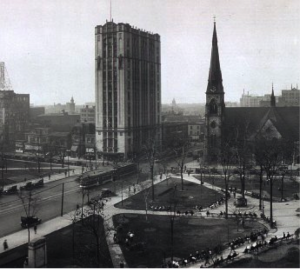 an old picture of a city skyline