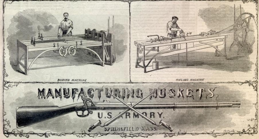 A print shows workers making rifles and a Springfield Rifle in detail. 