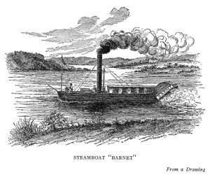 Woodcut print of the Steamboat Barnet in the Connecticut River. One smokestack belches black smoke. The boat has a paddle wheel. 
