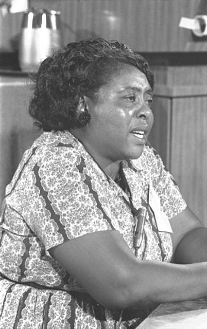 African-American woman in 3/4 profile seated at hearing table, microphone clipped to striped floral dress, speaking with brows drawn together, reflections of bright lights visible on her face and on indistinct objects above counters in background.