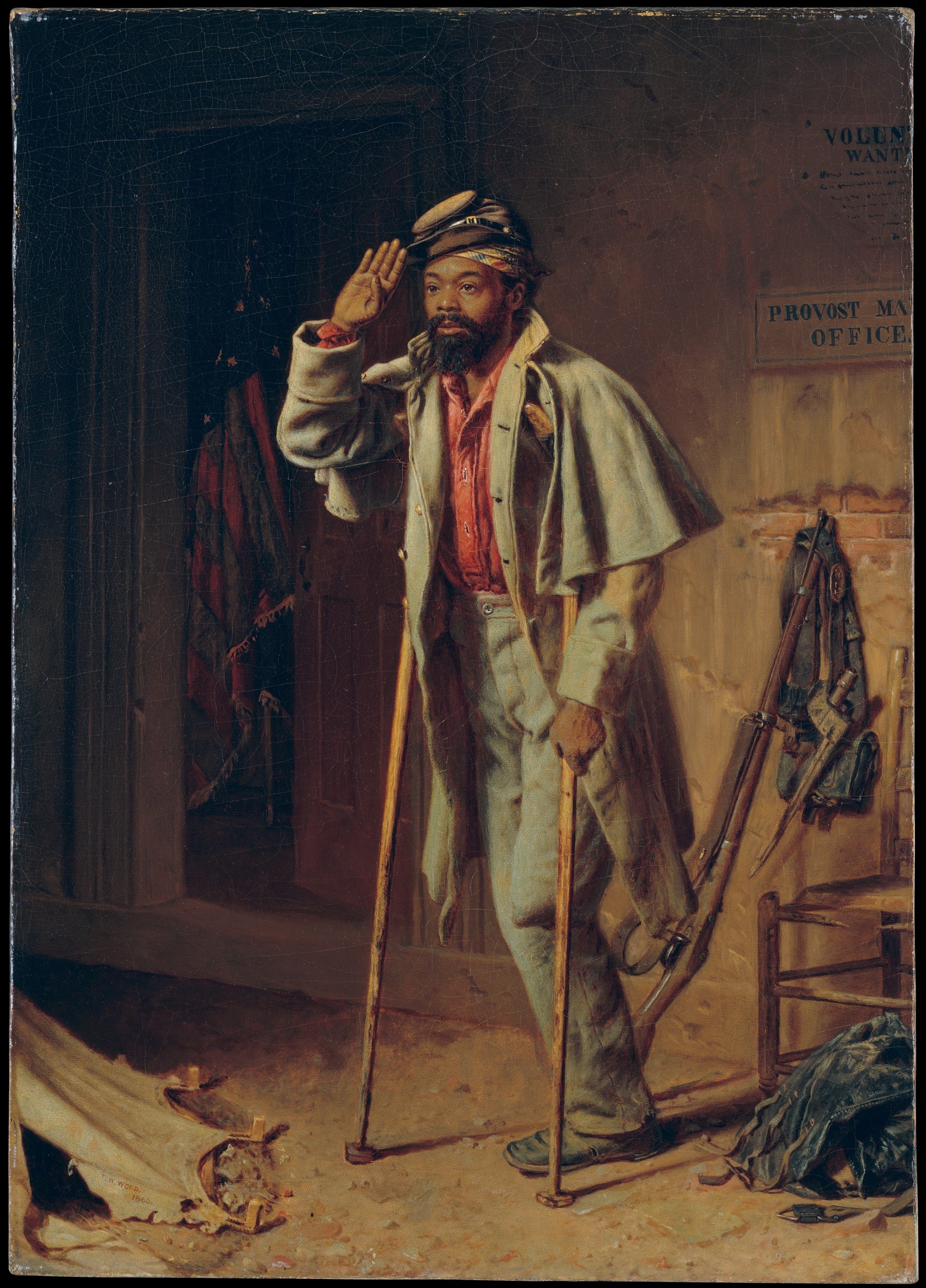 African American bearded veteran on crutches with one leg amputated at the knee salutes, his clothes dusty, outside a door marked, "Private - Manager's Office" 