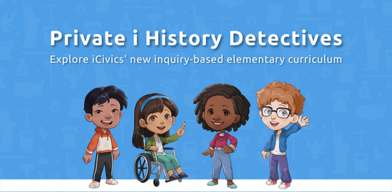 four cartoon school children stand under the title Private i History Detectives