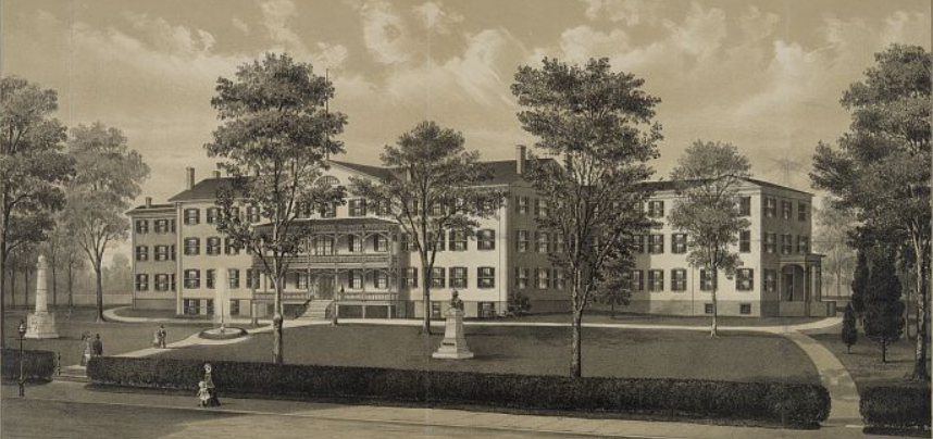 Part of a large print of the American School for the Deaf, showing the exterior of the building. There are many large trees and monuments.