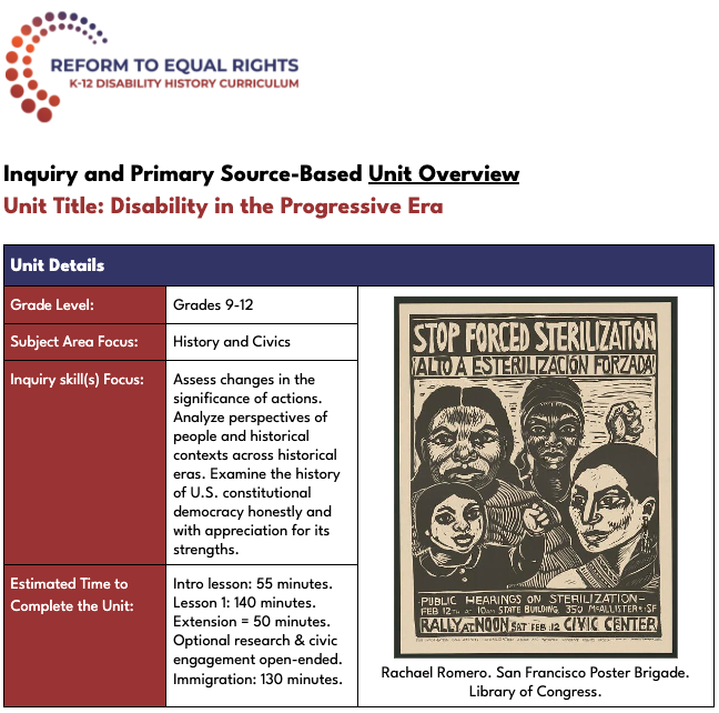 Cover of unit overview document on Disability in the Progressive Era, includes image of a poster, "Stop Forced Sterilization" for a rally in San Francisco. 