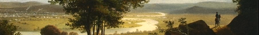 Painting of the Connecticut River from Skinner Mountain in the Mt Holyoke Range, shows a lush green landscape, yet with growing industry and smoke rising above Northampton