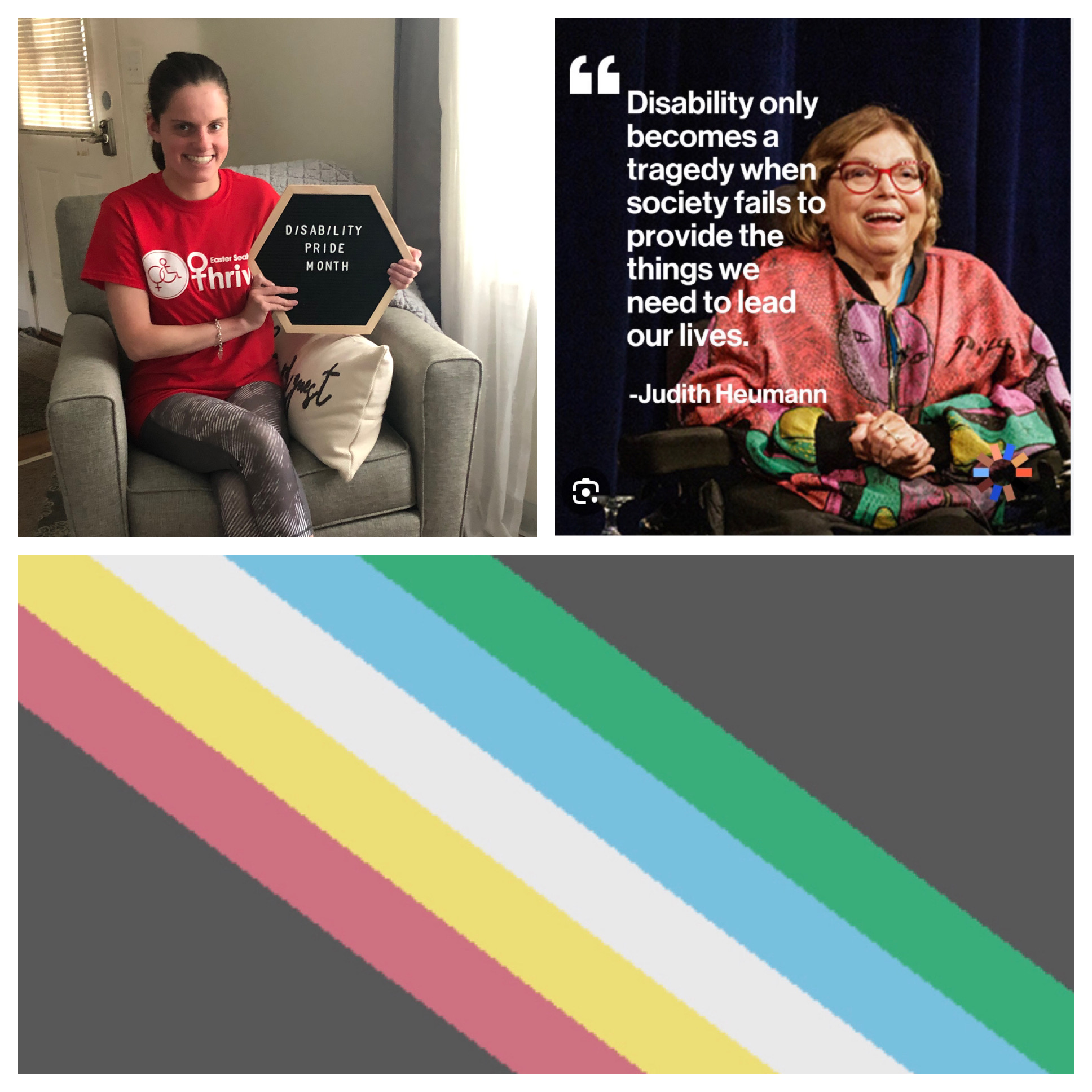 A young woman holds a sign that reads Disability Pride Month; she wears a t-shirt reading Easter Seals Thrive. And a photo of Judy Heumann includes the quotation: "Disability only becomes a tragedy when society fails to provide the things we need to live our lives." There is also a Disability Pride flag, explained in the article. 