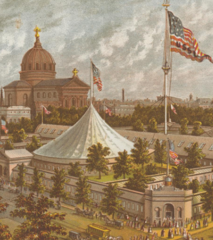 A print of a drawing of the fairgrounds for the Great Central Fair. The skyline of Philadelphia is in the background of the image. In the center, a large American flag flies over the fair buildings, including a central hall and a large white circular tent. People are lined up to enter the fair from the surrounding streets. 