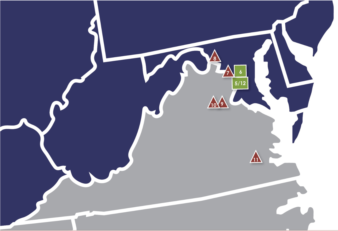 Screen cap of a map of the District of Columbia, Maryland, and Virginia, with key sites of battles and institutions identified.