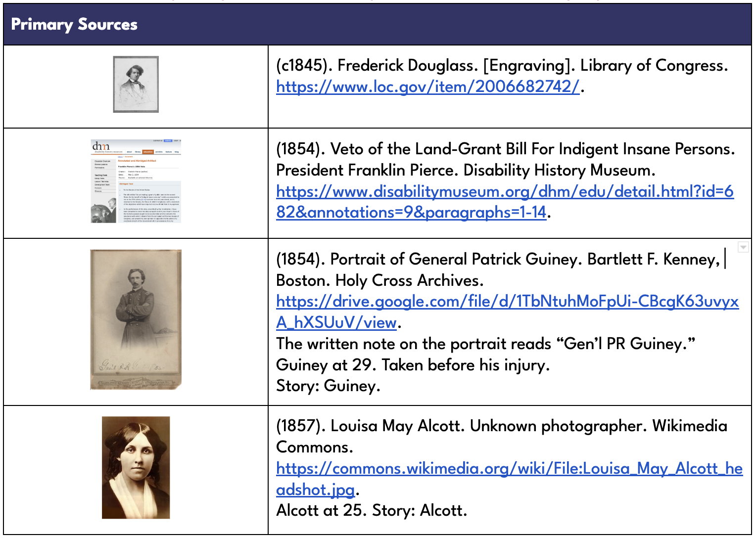 Screen cap of the first four items in the list of primary sources from the exhibit.