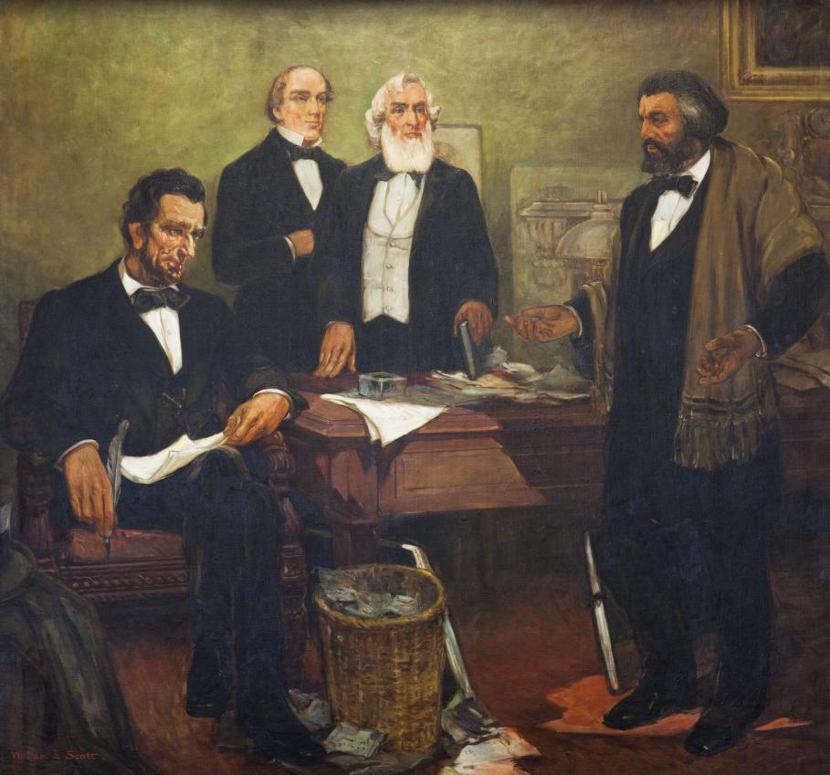 A painting shows Abraham Lincoln seated at a cluttered desk, with a pen and paper speaking with Frederick Douglass, standing, as two cabinet members watch. 