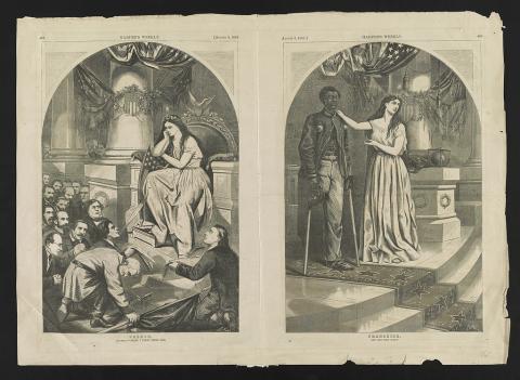 A political cartoon with two panels. Both show the figure of Columbia, the personification of American freedom, dressed in ancient Grecian garb. In the first, Columbia sits in judgement over former Confederate troops asking to be granted US citizenship rights again. In the second, Columbia stands by an African American man who lost his leg and stands with crutches. 