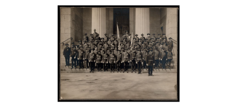 ""African American William Carney poses with white members of the New Bedford, Massachusetts post of the Grand Army of the Republic, all in uniform.