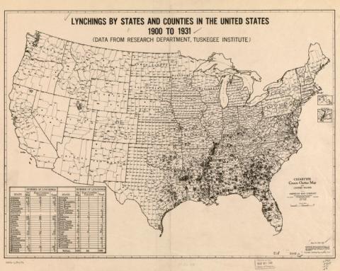 U.S. map from Tuskegee Institute shows lynchings 1900-1931.