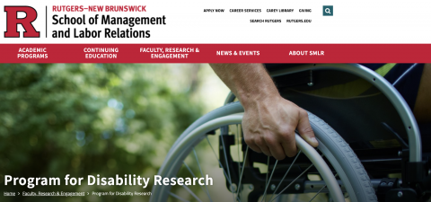 Rutgers Program for Disability Research web page - in Labor Studies - shows a photo of a man's hand on a wheelchair