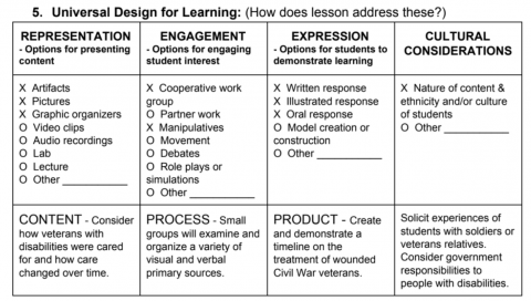 Completed grid identifies strategies and tools for access.