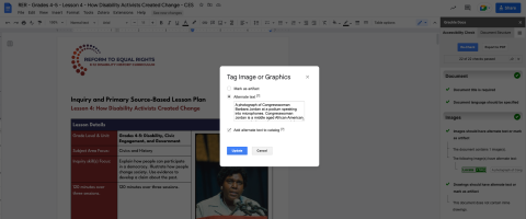 Screen cap of the Grackle program shows author adding alt text as a tag to a photo.