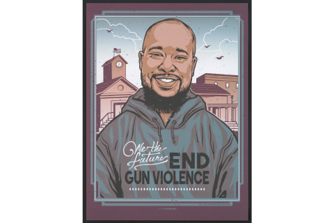 "Graphic portrait of Paul S. John, smiling, bearded African-American man wearing a hoodie printed with with "End Gun Violence". 