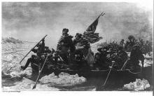 George Washington in a boat with the flag and continental soldiers 