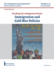 "Screenshot of the Immigrant Learning Center primary source set on the Cold War, features image of brown-skinned immigrants in front of the Statue of Liberty - and reading "And Justice for ALL""