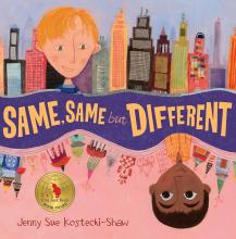 Book cover for Same, Same but Different by Jenny Sue Kostecki-Shaw shows two boys, a white blonde in front of skyscrapers and a brown-skinned, black-haired boy in front of colorful pointed tents and buildings of varied shapes