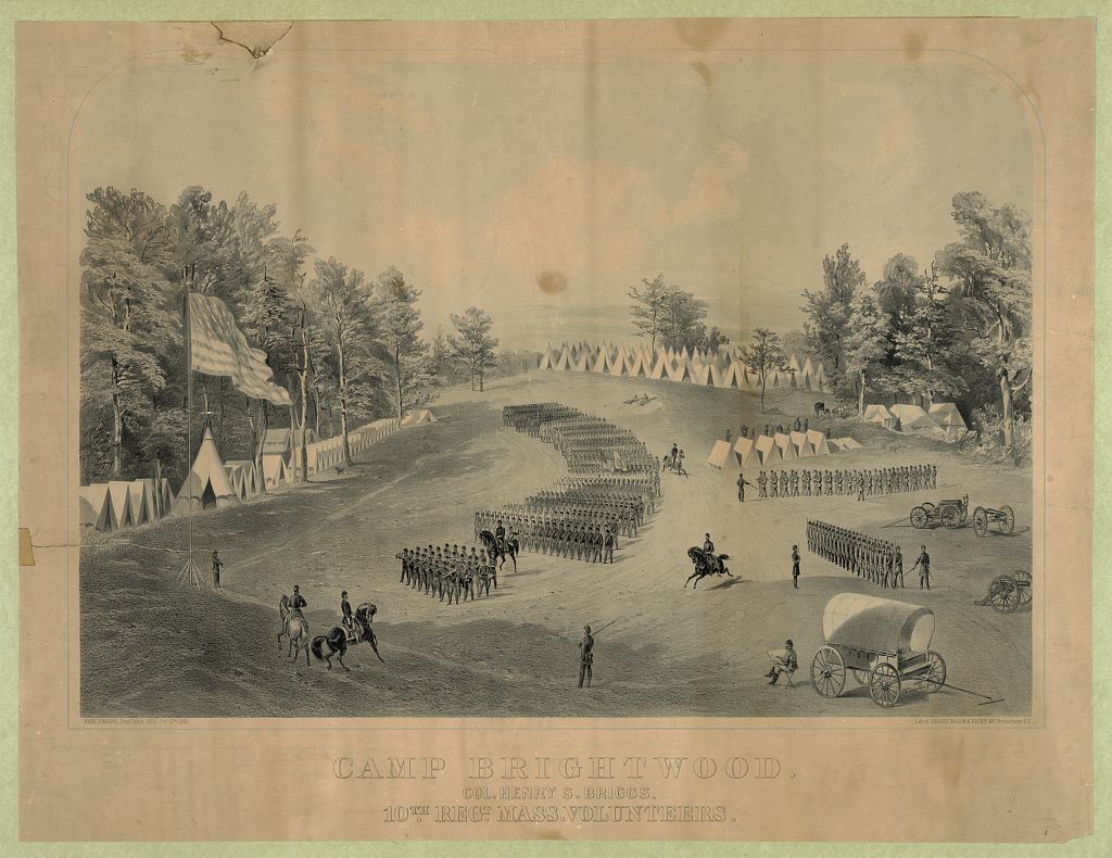  Soldiers march as a group, in a clearing surrounded by canvas tents and some horses and cannons. In the corner, an artist sits by a wagon as he draws the scene.