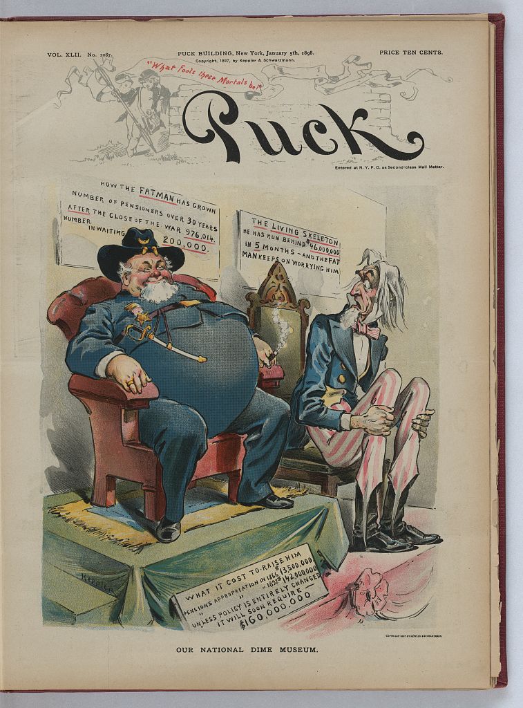 "A surgeon's certificate of the Commissioner of Pensions for John W. Moore applicant for, "Inc.", by Dr. Tucker and Dr. Hanna. Shows detailed handwritten notes on the pre-printed image of a skeleton about injuries to both legs below the knees."