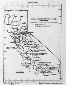 Map of California, Rural Rehabilitation Division (1935) Showing crops picked by migrant workers. Included in new lesson plan at http://EmergingAmerica.org on Immigration History and the Youth Novel Esperanza Rising. 