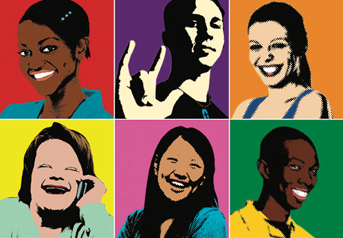 six photos of smiling young adults, varied skin shades, one with hand shaping ASL letter, 