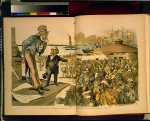 "Uncle Sam" looks down at a crowd of immigrants with caricatured facial features and wearing the native dress of other countries while a rich man gestures blamingly in the crowd's direction.
