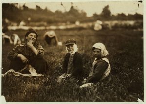 Photo of low grasses (bog) with picking figures blurred in background, woman and two children sitting on the ground with small buckets in their hands. Girl (8) has headscarf, boy (6) has a cap over a headscarf, woman smiles bareheaded, long skirt, cranberries on a cloth in front of her.