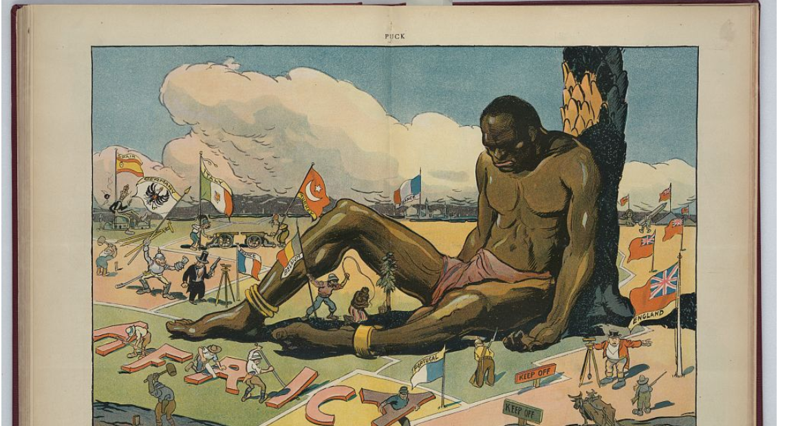 illustration shows a large African man sitting, leaning against a tree, asleep;
