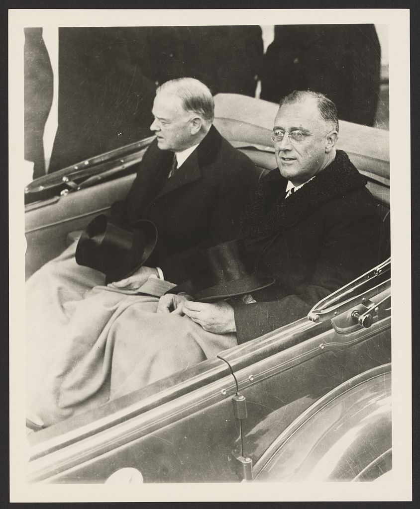FDR and Hoover with top-hats riding to inauguration in 1933