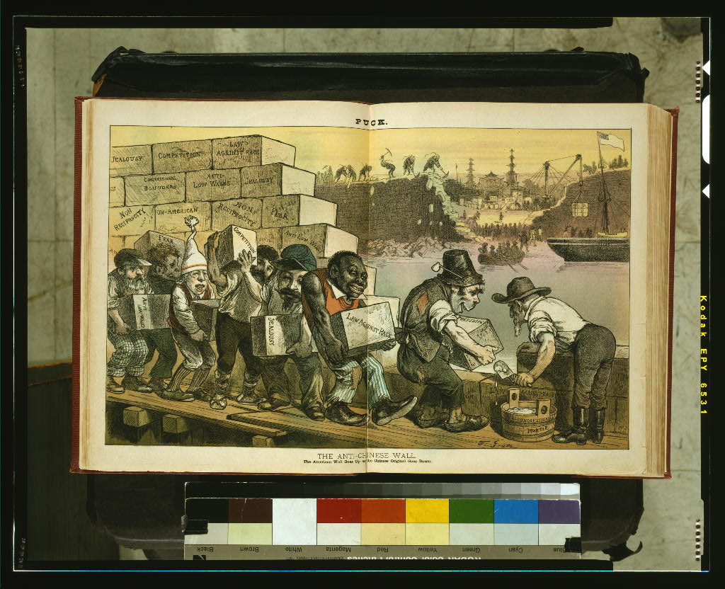 A color cartoon showing laborers, among whom are Irishmen, an African American, a Civil War veteran, Italian, Frenchman, and a Jew (all caracatures), building a wall against the Chinese. Labels on wall indicate that Congressional mortar connects blocks of prejudice, non-reciprocity, law against race, fear, jealousy, anti-low-wages, competition, etc. Across the sea, a ship flying the American flag enters China, as the Chinese knock down their own wall and permit trade of such goods as rice, tea, and silk.