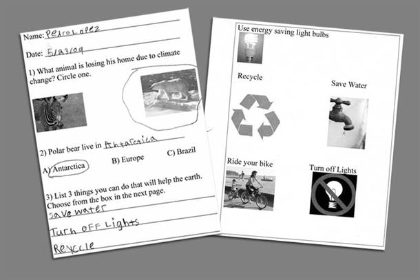 Two sheets of paper, a worksheet and a page with five pictures paired with a word or phrase