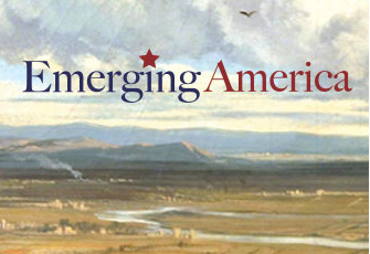 Emerging America logo against vista of sky, river, distant mountains.