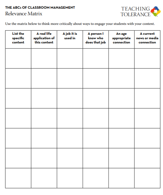 Screen cap of Relevance Matrix worksheet for teachers
