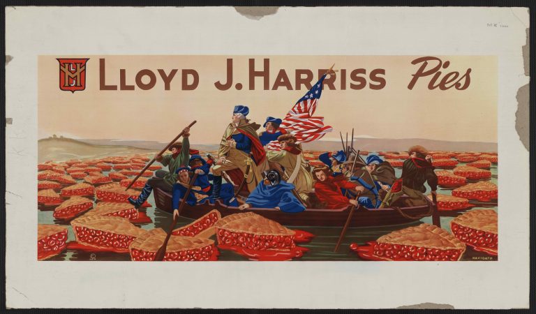 Poster shows George Washington crossing a river of cherry pies. It is a spoof on Emanuel Leutze's painting of Washington crossing the Delaware