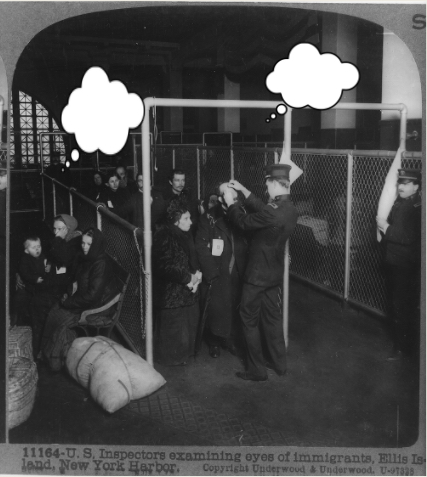Photo of inspectors at Ellis Island with thought bubbles added above some people. 