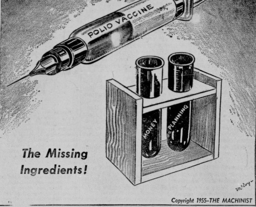 syringe labeled “POLIO VACCINE” is shown above two test tubes, one labeled “MONEY” and one labeled “PLANNING”, with the prominent words, “The Missing Ingredients!”