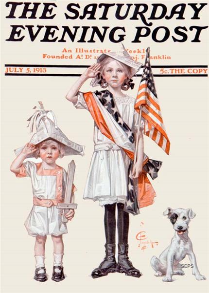 July 5, 1913 cover of Saturday Evening Post - two girls salue, one holds a flag with cute puppy