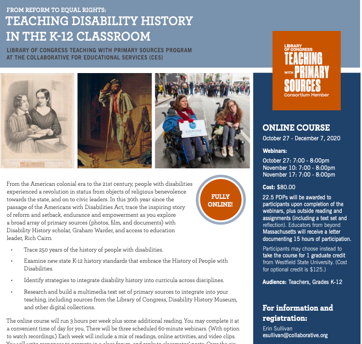 Detail from the Disability History course flyer showing three primary sources