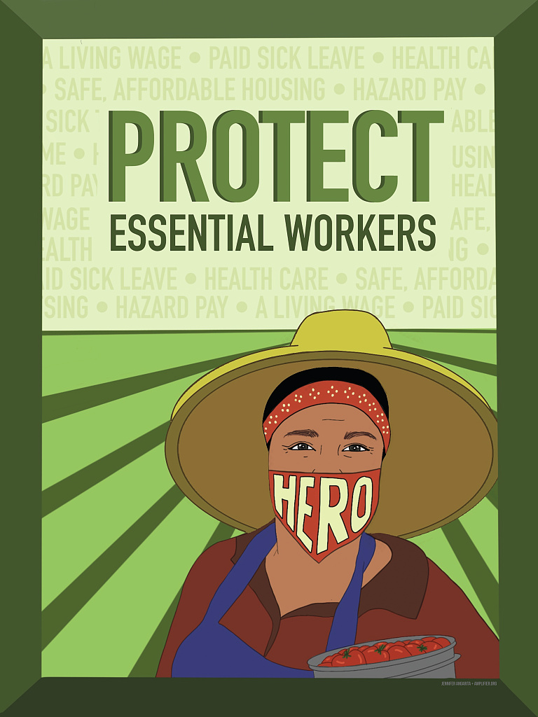 Silkscreen-style poster text reads "PROTECT essential workers" over distant horizon behind fieldworker wearing "Hero" mask over nose+mouth, wide hat as green rows converge at horizon behind.