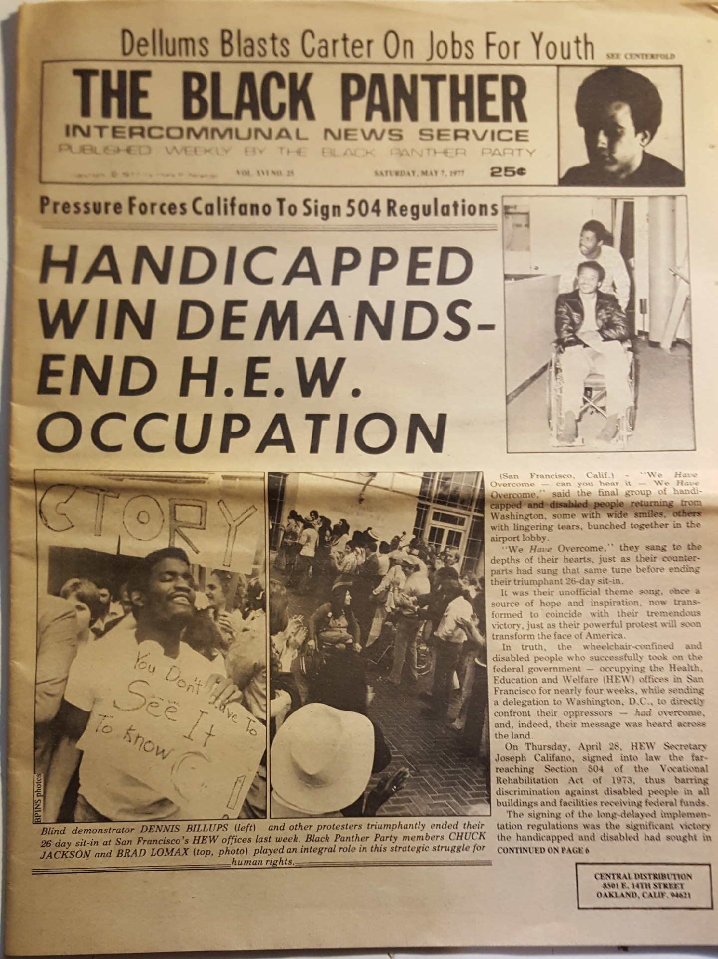 Front page of Black Panther Party newspaper with headlines about 504 protests