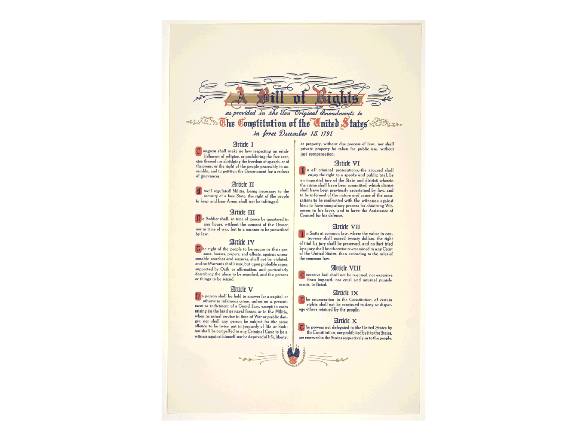 Parchment-colored printing of the first ten amendments of the US Constitution with ornamental printing.