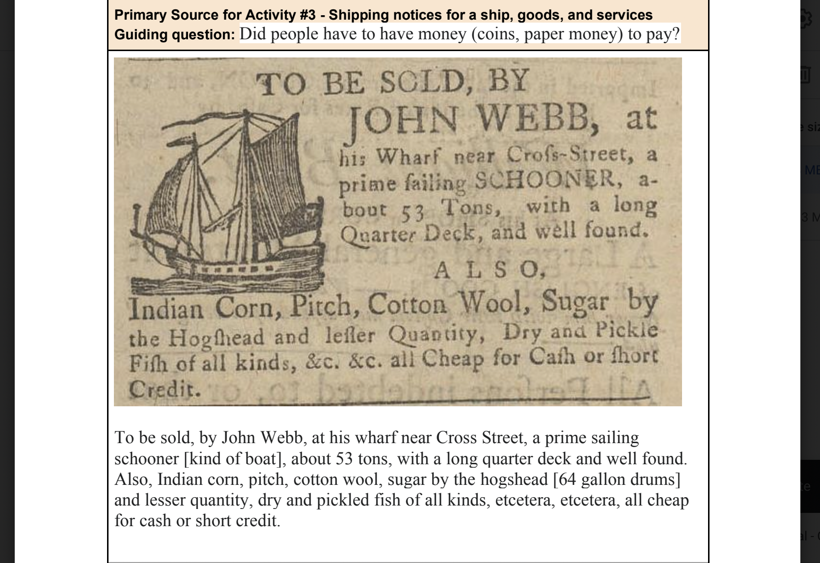 Newspaper advertisement from 1767 with woodcut of sailing ship advertising goods for sale