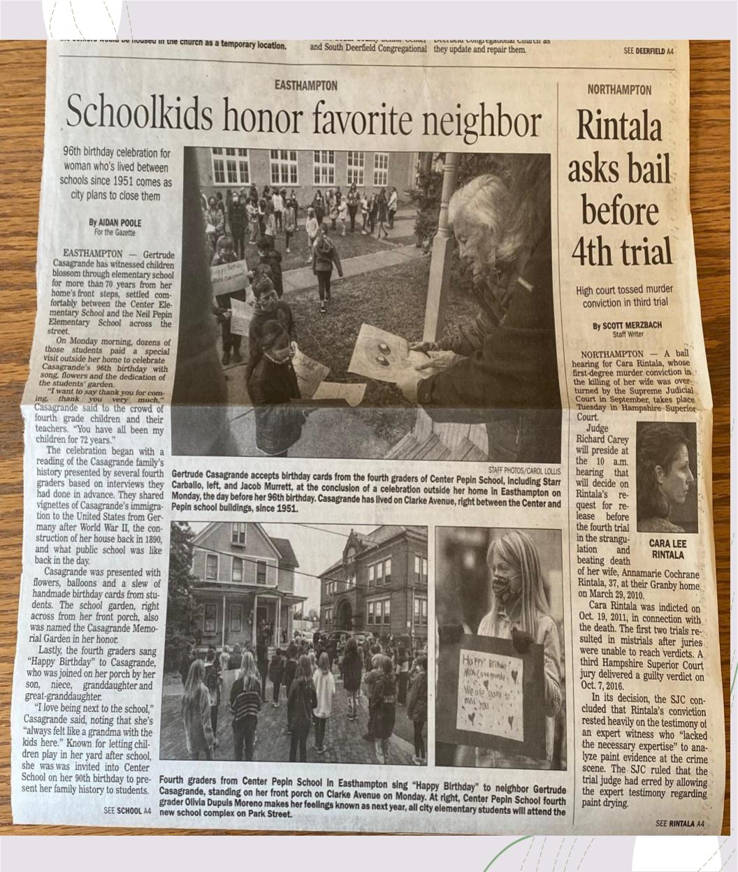 Newspaper with photos of school children celebrating elderly neighbor