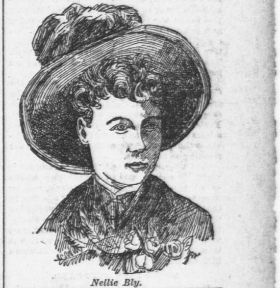 A print of a drawing of Nellie Bly. Shown from the shoulders up, Bly is wearing a large, wide brimmed black hat over her curly hair that is pulled back into a bun. Her head is turned three quarters to the left. She wears a shirt with a high collar and a jacket over top. Details of flowers and leaves cover the bottom of the picture, obscuring the bottom of her shirt. 