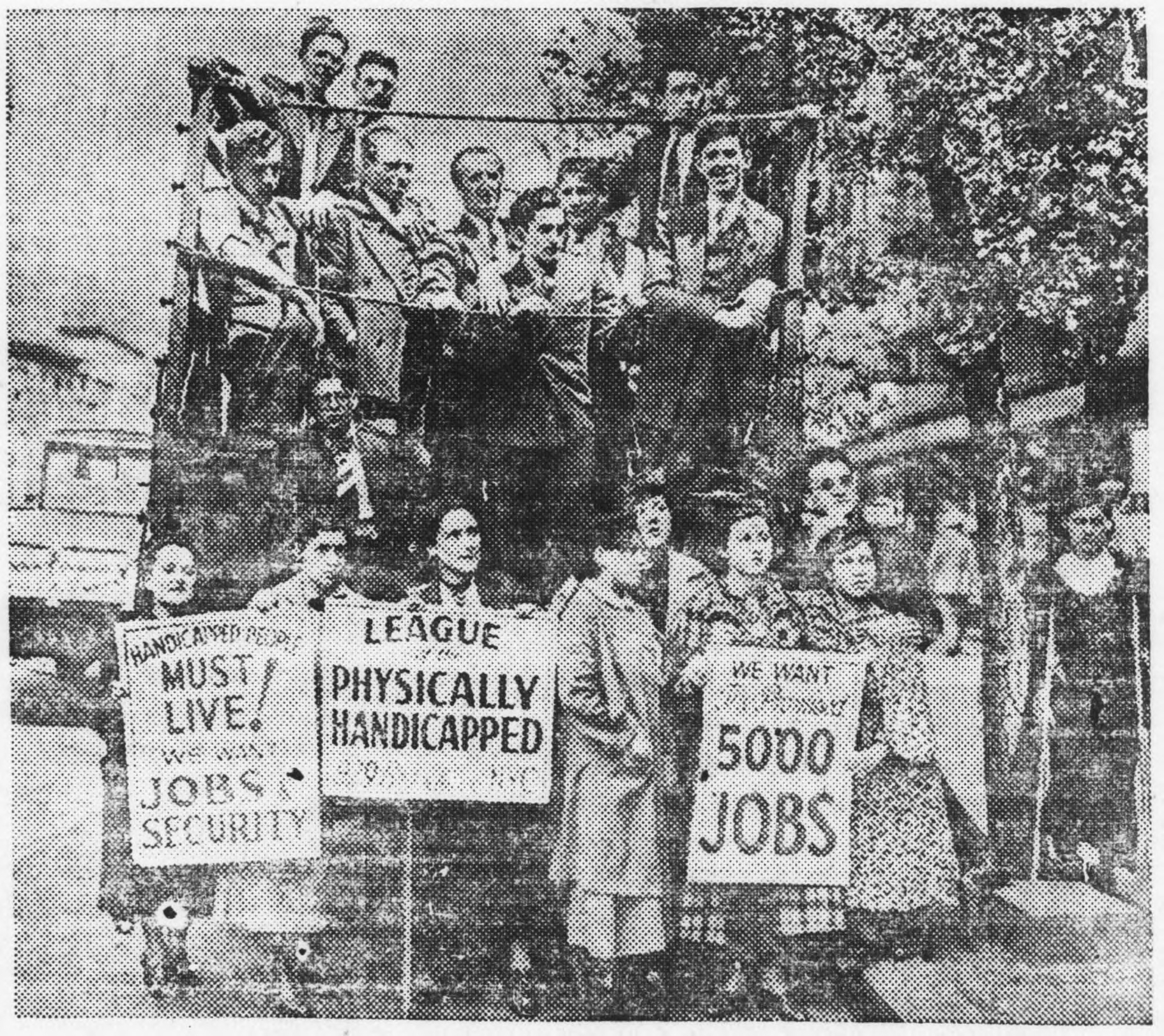 A newspaper photograph shows dozens of members of the League of the Physically Handicapped in around a truck that they drove from New York to Washington to demand access to WPA jobs. 